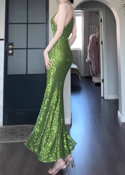 Spaghetti Sleeveless Green Fit Slim Solid Dress Strap Sequins FashionChic