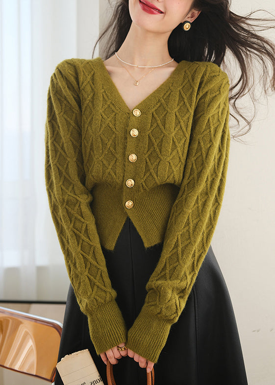 Slim Fit Green V Neck Button Knit Sweater Spring TF009