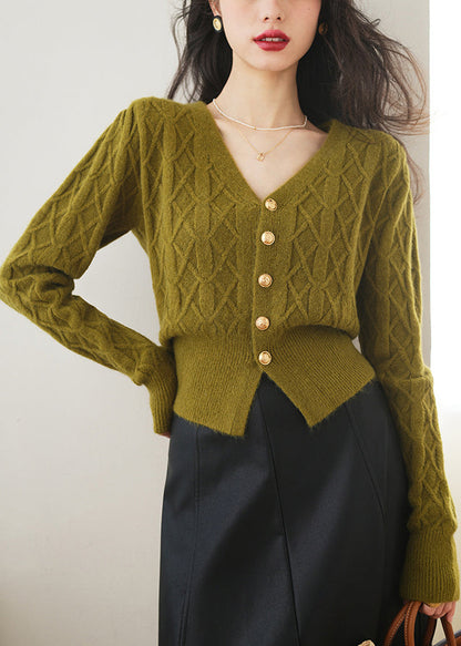 Slim Fit Green V Neck Button Knit Sweater Spring TF009