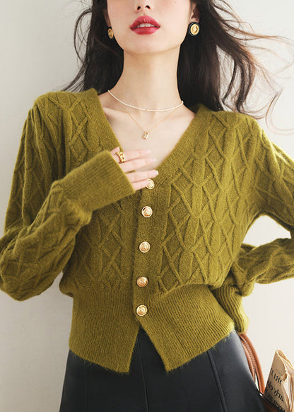 Slim Fit Green V Neck Button Knit Sweater Spring TF009