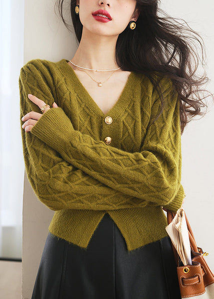 Slim Fit Green V Neck Button Knit Sweater Spring TF009
