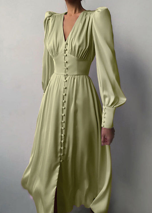 Slim Fit Green V Neck Wrinkled Silk Maxi Dress Puff Sleeve ZL061 SH-LF-FDL240621