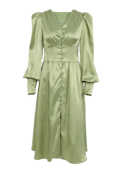Slim Fit Green V Neck Wrinkled Silk Maxi Dress Puff Sleeve ZL061 SH-LF-FDL240621