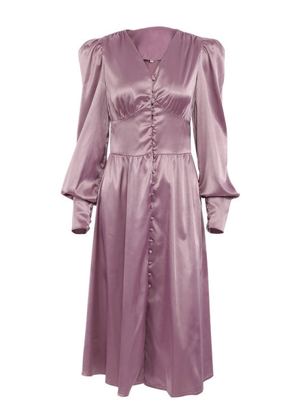 Slim Fit Green V Neck Wrinkled Silk Maxi Dress Puff Sleeve ZL061 SH-LF-FDL240621