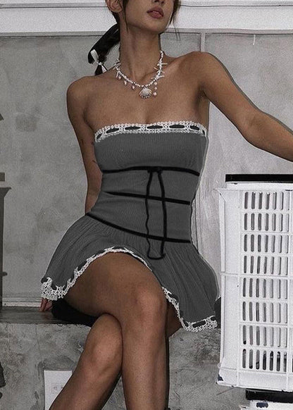 Cotton Fit Sleeveless Shoulder Slim Mini Grey Bow Cold Dress FashionChic