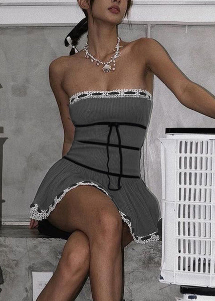 Cotton Fit Sleeveless Shoulder Slim Mini Grey Bow Cold Dress FashionChic