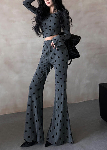Slim Fit Grey Dot Elastic Waist Cotton Two Pieces Set Fall WQ042 OL-TPIEC241031