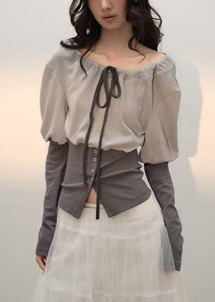 Fall Up Slim Patchwork T Lace Grey Cotton Shirts Fit FashionChic