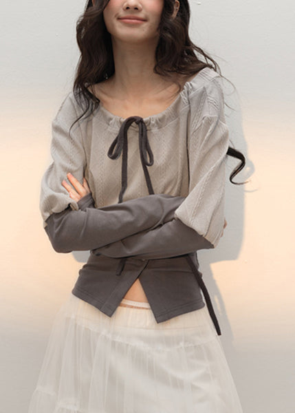 Fall Up Slim Patchwork T Lace Grey Cotton Shirts Fit FashionChic