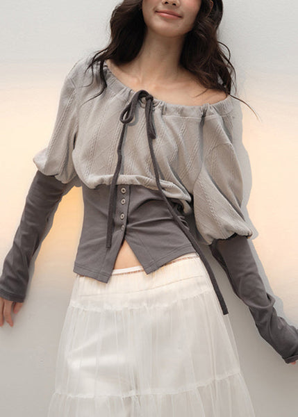 Fall Up Slim Patchwork T Lace Grey Cotton Shirts Fit FashionChic