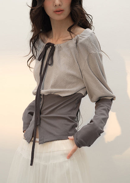 Fall Up Slim Patchwork T Lace Grey Cotton Shirts Fit FashionChic