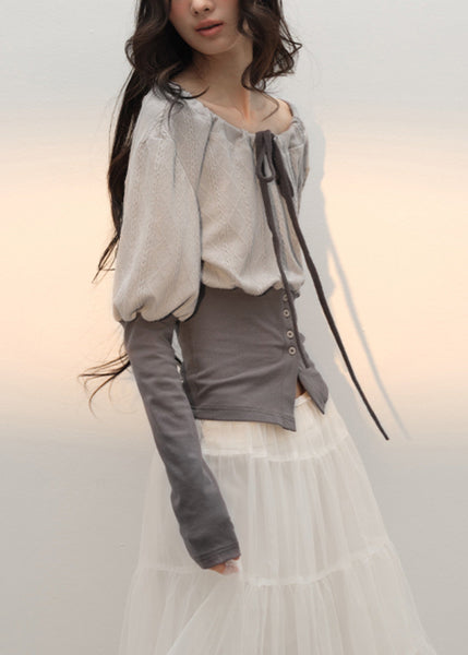 Fall Up Slim Patchwork T Lace Grey Cotton Shirts Fit FashionChic