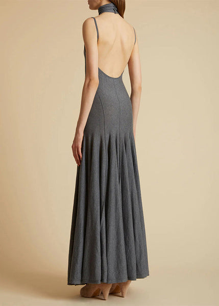 Slim Fit Grey Turtleneck Backless Cotton Long Dress Sleeveless YZ077 ABC