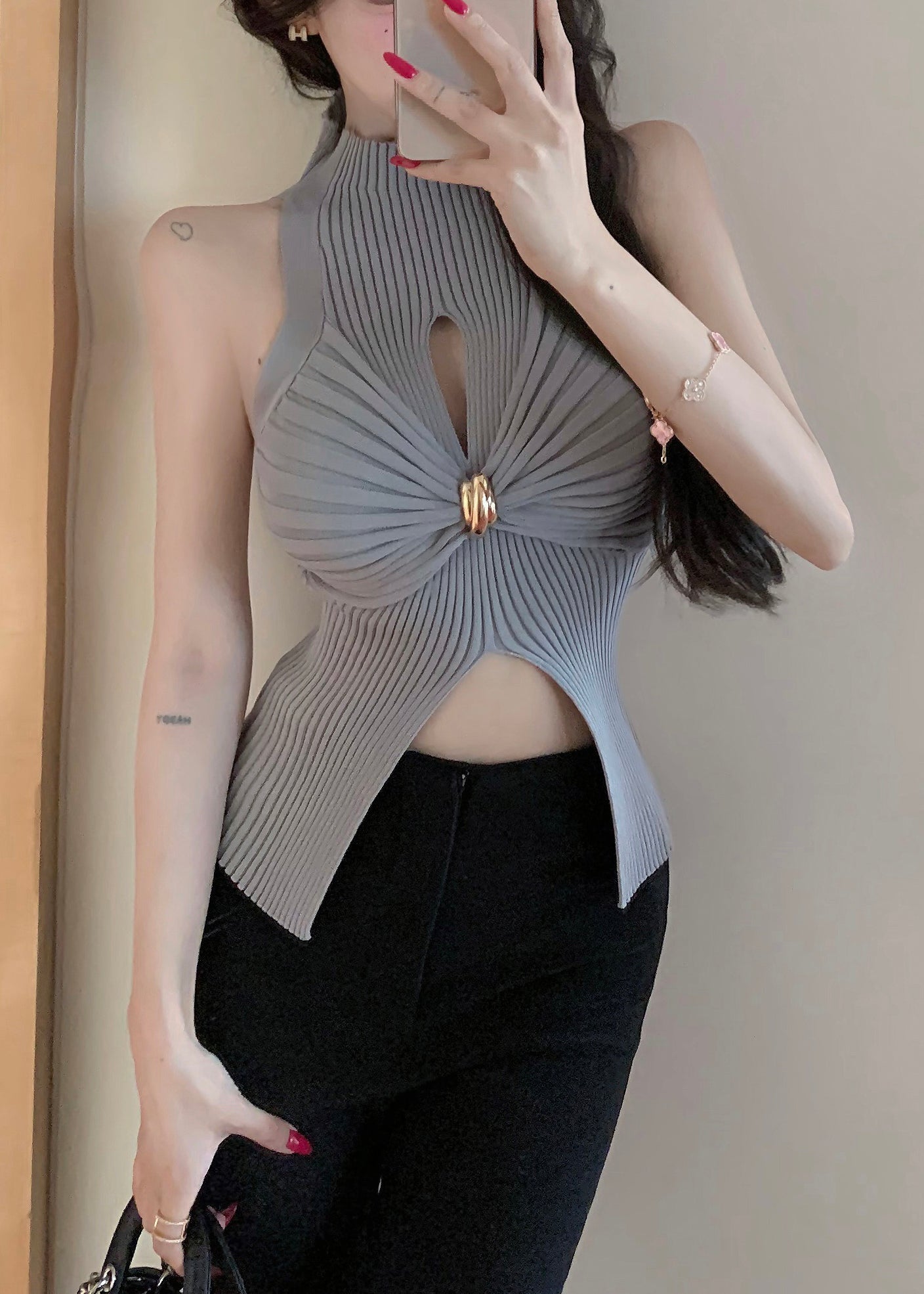 Sleeveless Grey Slim Out Tank Fit Turtleneck Knit Hollow FashionChic