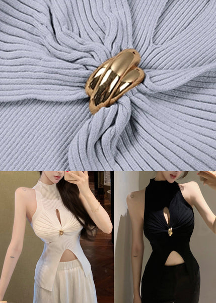 Sleeveless Grey Slim Out Tank Fit Turtleneck Knit Hollow FashionChic