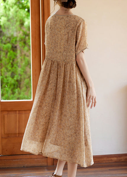 Slim Fit Khaki O-Neck Print Silk Long Dresses Summer WW052 OL-SDL240812