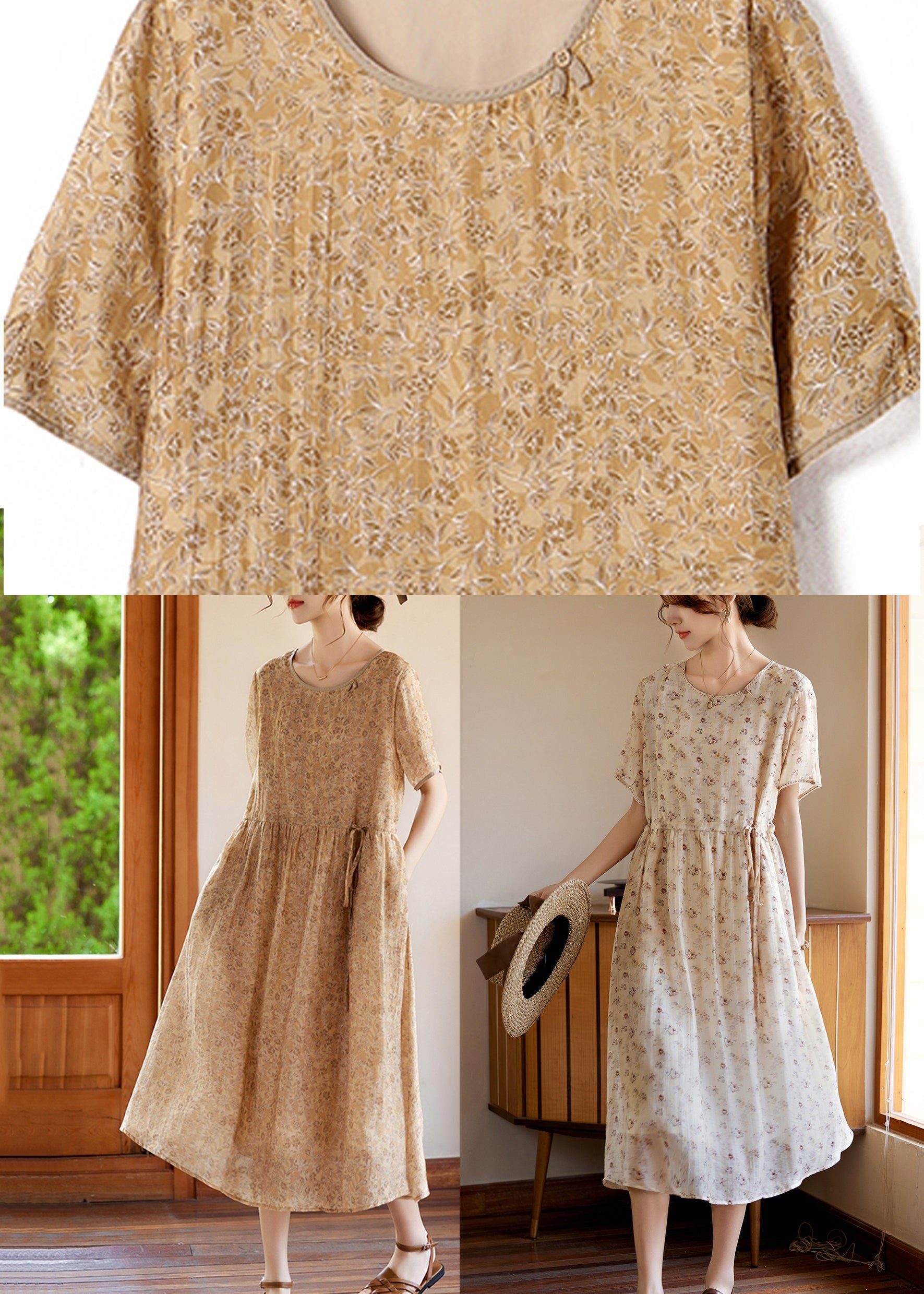 Slim Fit Khaki O-Neck Print Silk Long Dresses Summer WW052 OL-SDL240812