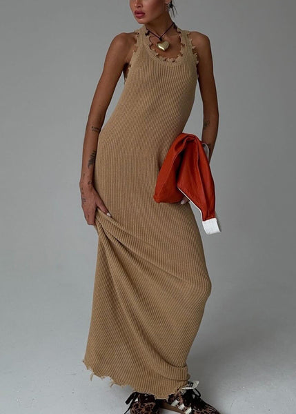 Slim Fit Khaki O Neck Solid Knit Maxi Dresses Sleeveless BB058 Hawaii-SDL240622