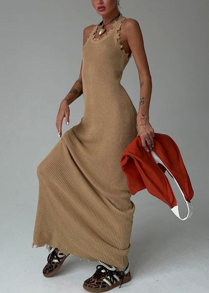 Slim Fit Khaki O Neck Solid Knit Maxi Dresses Sleeveless BB058 Hawaii-SDL240622