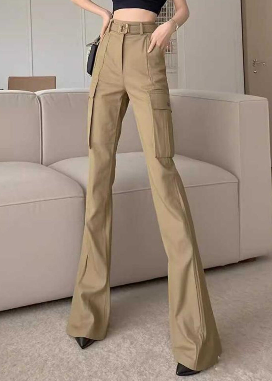 Cotton Waist High Slim Pockets Khaki Bottoms Flare Spring Fit FashionChic