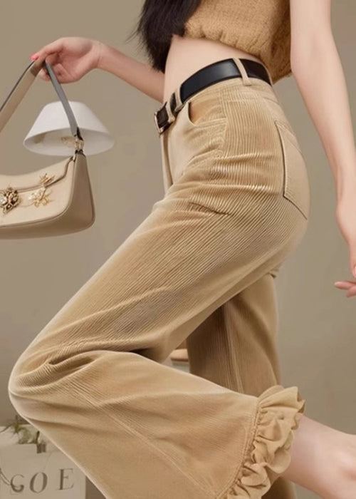 Flared Fall Trousers Corduroy Waist Fit Ruffled High Slim Khaki FashionChic