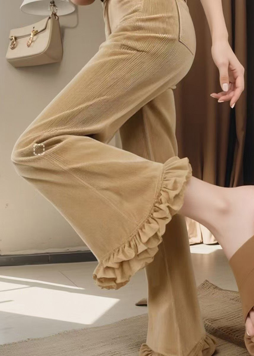 Flared Fall Trousers Corduroy Waist Fit Ruffled High Slim Khaki FashionChic