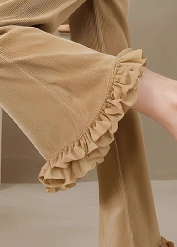 Flared Fall Trousers Corduroy Waist Fit Ruffled High Slim Khaki FashionChic