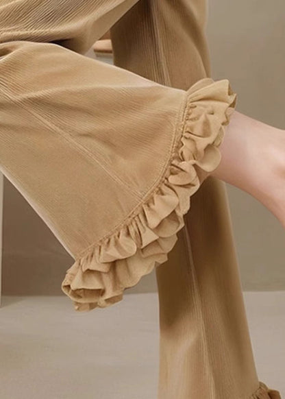 Flared Fall Trousers Corduroy Waist Fit Ruffled High Slim Khaki FashionChic