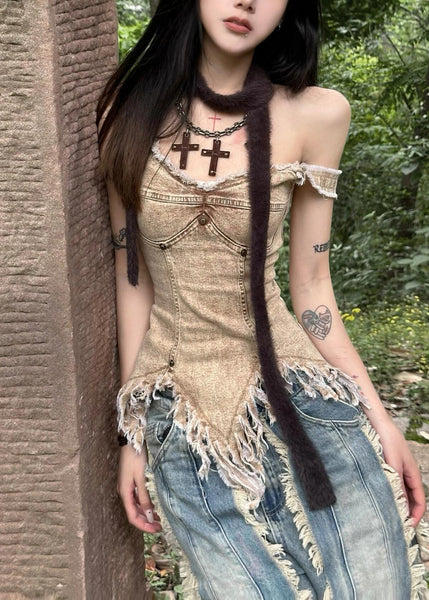 Slim Fit Khaki V Neck Asymmetrical Denim Tank Sleeveless PP034 OM-NZ240827