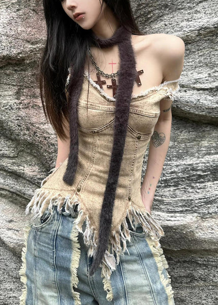 Slim Fit Khaki V Neck Asymmetrical Denim Tank Sleeveless PP034 OM-NZ240827