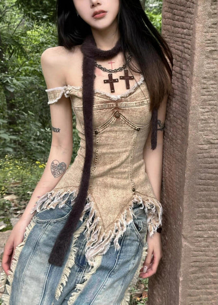 Slim Fit Khaki V Neck Asymmetrical Denim Tank Sleeveless PP034 OM-NZ240827