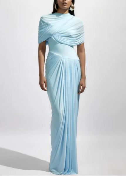 Wrinkled Light Cotton Fit Solid Slim Waist Blue High Dresses Maxi FashionChic