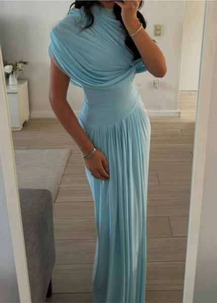 Wrinkled Light Cotton Fit Solid Slim Waist Blue High Dresses Maxi FashionChic