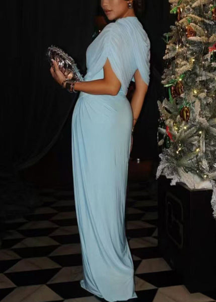 Wrinkled Light Cotton Fit Solid Slim Waist Blue High Dresses Maxi FashionChic