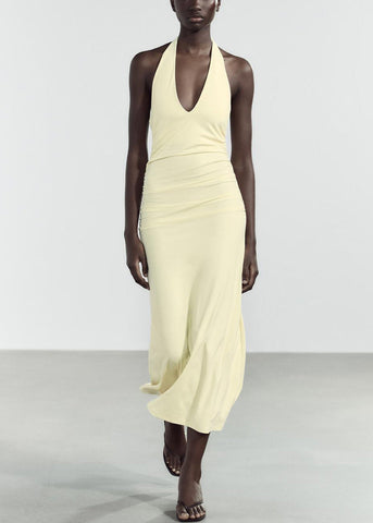 Yellow Cotton Light Slim Neck Backless V Dress Fit Long FashionChic