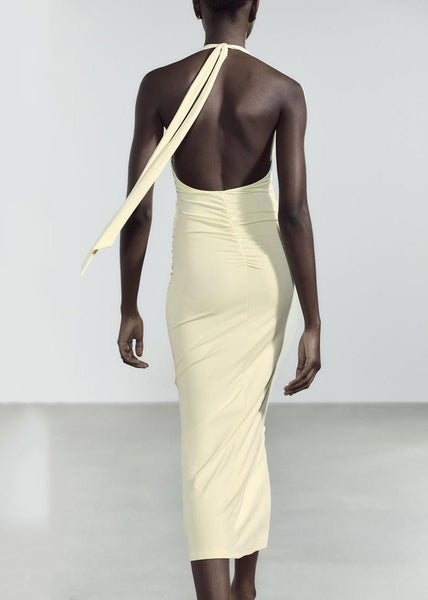 Yellow Cotton Light Slim Neck Backless V Dress Fit Long FashionChic