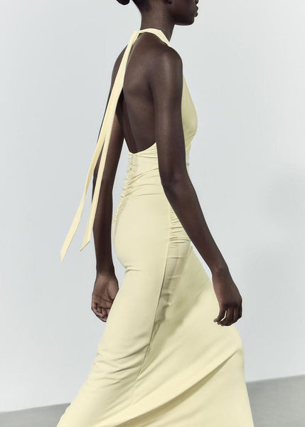 Yellow Cotton Light Slim Neck Backless V Dress Fit Long FashionChic