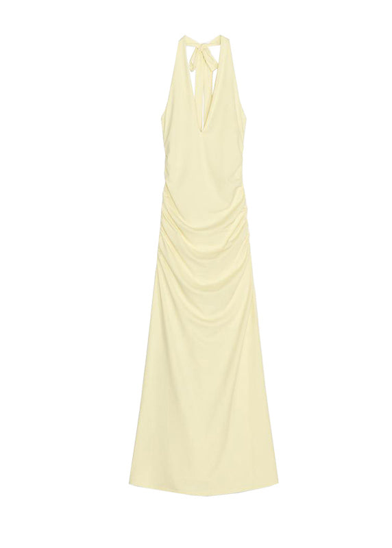 Yellow Cotton Light Slim Neck Backless V Dress Fit Long FashionChic