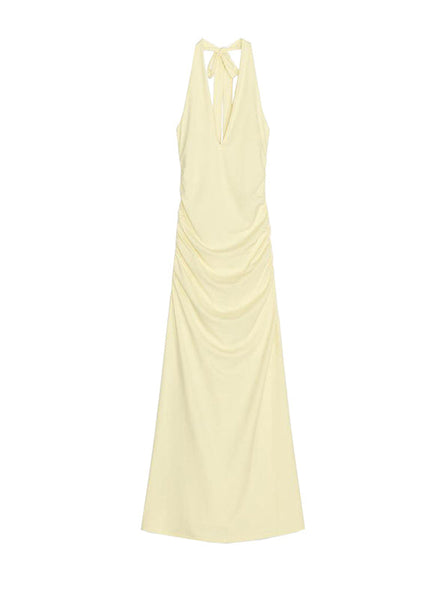 Yellow Cotton Light Slim Neck Backless V Dress Fit Long FashionChic