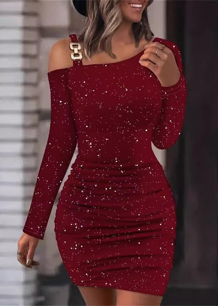 Slim Fall Mid Mulberry Fit Dresses Cold Sequins Shoulder FashionChic