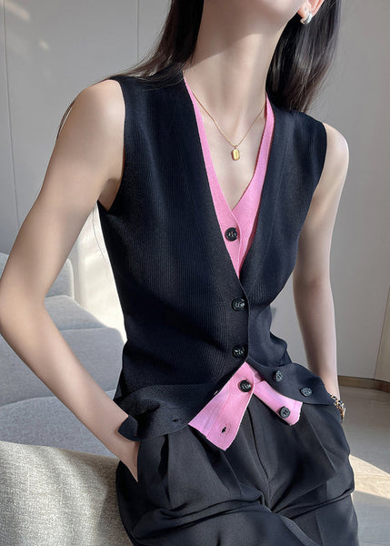 Fit V Knit Navy Button Sleeveless False Neck Vest Slim Pieces Two FashionChic