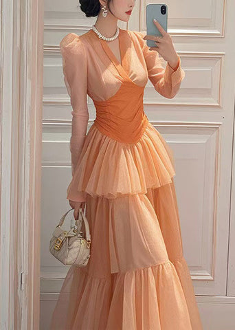 Chiffon Wrinkled Patchwork Fit Spring Slim Long Orange Dresses FashionChic