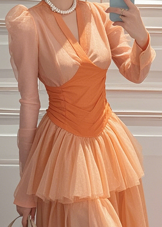 Chiffon Wrinkled Patchwork Fit Spring Slim Long Orange Dresses FashionChic