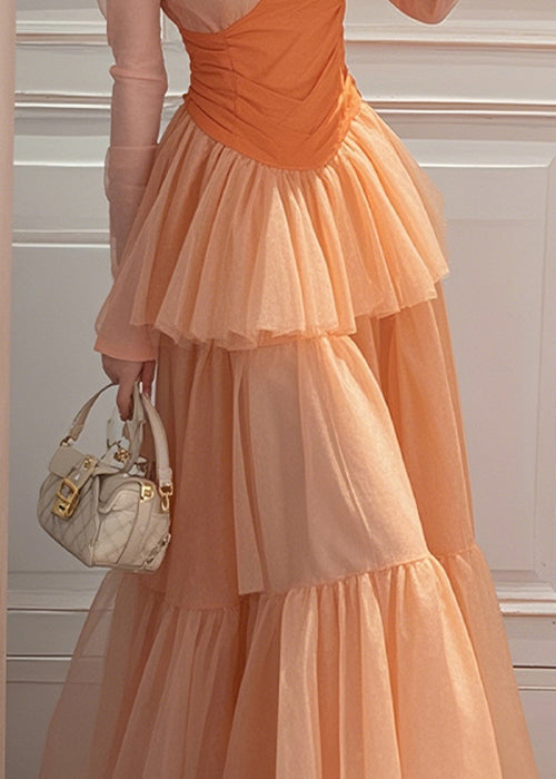 Chiffon Wrinkled Patchwork Fit Spring Slim Long Orange Dresses FashionChic