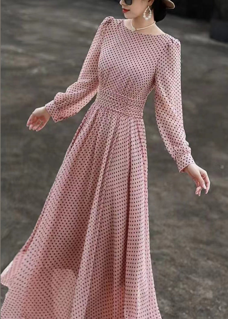 Slim Fit Pink Dot O Neck Chiffon Dresses Long Sleeve EE1019 SH-LF-FDL240517