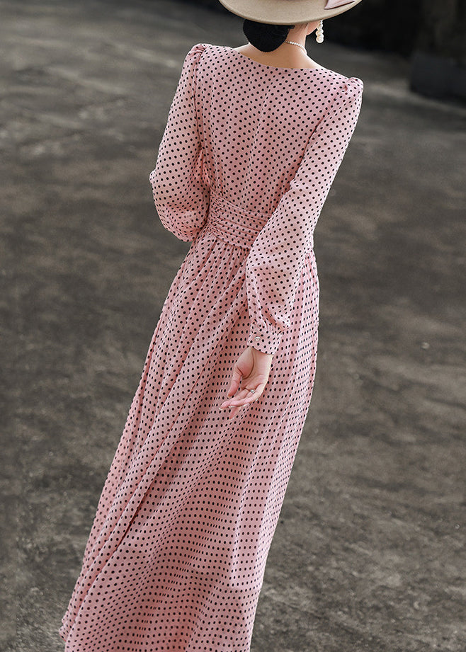 Slim Fit Pink Dot O Neck Chiffon Dresses Long Sleeve EE1019 SH-LF-FDL240517
