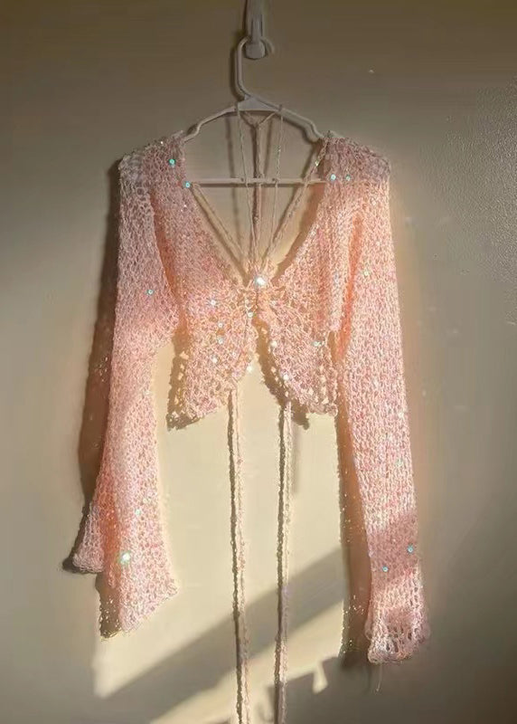 Slim Fit Pink Hollow Out Sequins Knit Top Long Sleeve OP1006 Ada Fashion