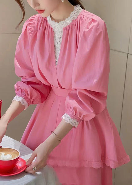 Fit Cotton Blouse Slim Fall Pink Patchwork Lace FashionChic