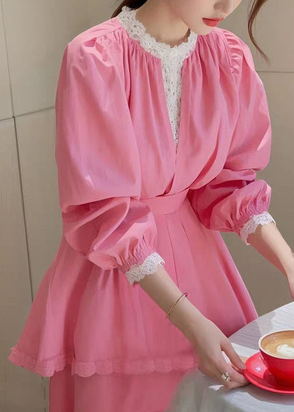 Fit Cotton Blouse Slim Fall Pink Patchwork Lace FashionChic