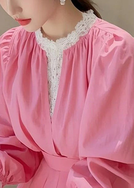 Fit Cotton Blouse Slim Fall Pink Patchwork Lace FashionChic